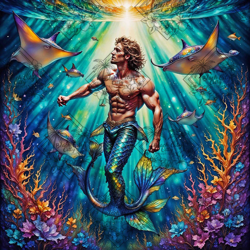A powerful merman swimming through sunlight with manta rays and coral