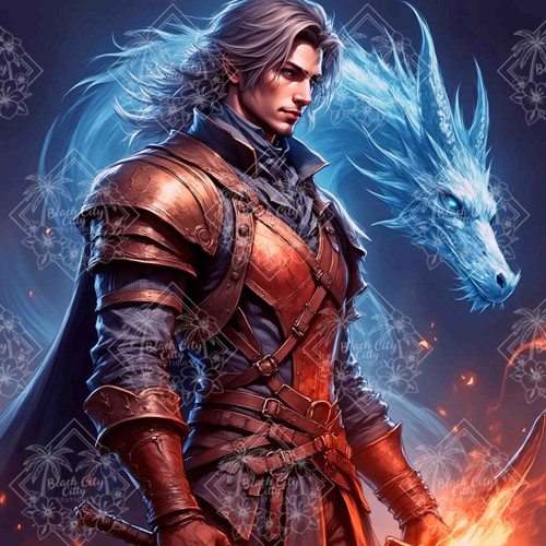 A fantasy warrior standing beside a glowing spectral dragon spirit