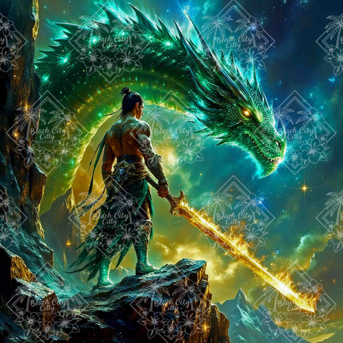 A fantasy warrior holding a glowing sword facing a massive emerald dragon in a cosmic sky