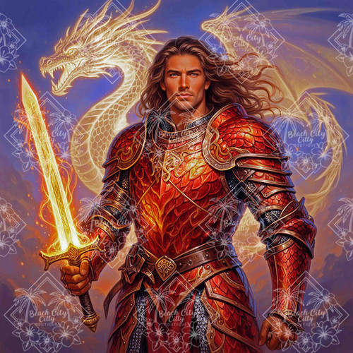A heroic knight in red armor holding a glowing sword with a golden dragon spirit