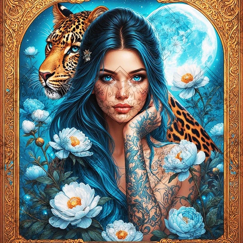 Alt Text
A fantasy woman with blue hair surrounded by white flowers and a leopard under a full moon