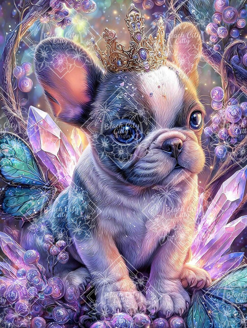 A crowned French bulldog puppy surrounded by glowing crystals and pastel fantasy foliage