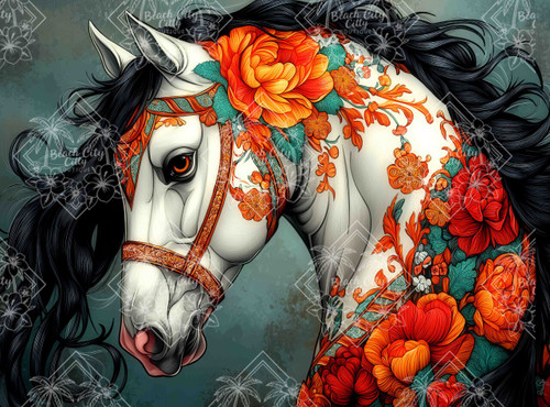 Elegant white horse with flowing mane and floral accents in Unbridled Dreams Paladin diamond art