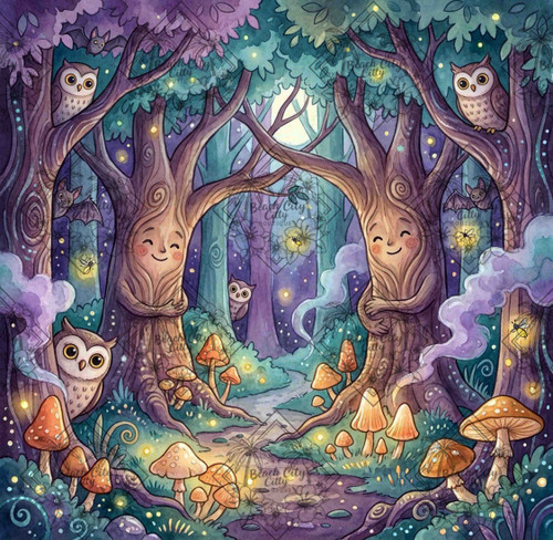 Whimsical nighttime woodland artwork by Natasha Muir featuring smiling trees, glowing fireflies, owls, mushrooms, and magical forest creatures.