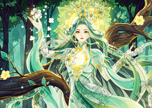 Ethereal forest fae artwork by Natasha Muir with flowing green robes, glowing heart light, and magical floral energy.