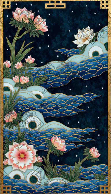 Lotus wave artwork by Natasha Muir featuring elegant lotus flowers rising among stylized blue waves with gold accents.