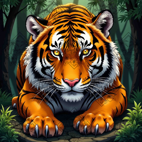 Fierce tiger artwork by Natasha Muir resting in a shadowed jungle with glowing eyes and bold detail.