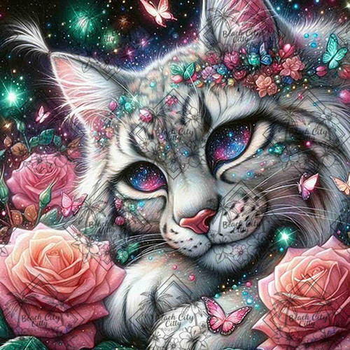 A sparkling fantasy cat with cosmic eyes surrounded by roses and butterflies
