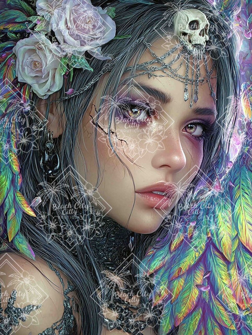 A fallen gothic angel with cracked skin, skull adornment, and iridescent wings