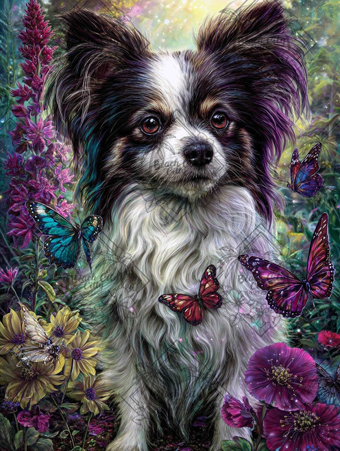 Close-up papillon dog portrait surrounded by butterflies and colorful flowers