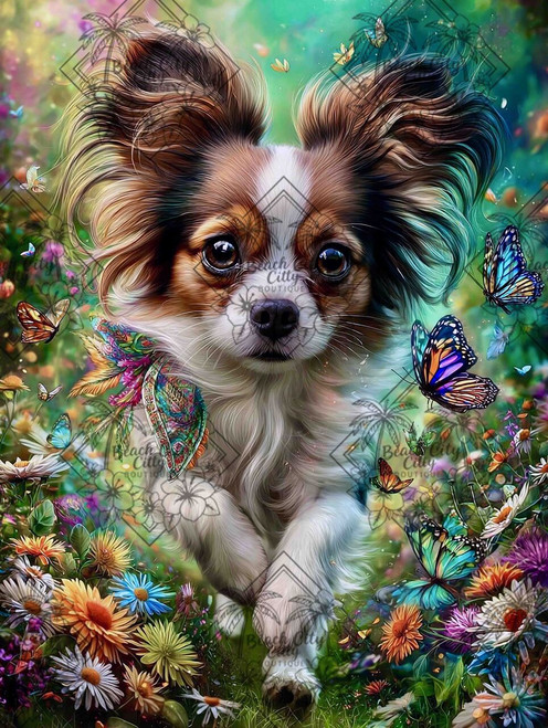 Papillon dog running through flowers with butterflies in a bright magical garden