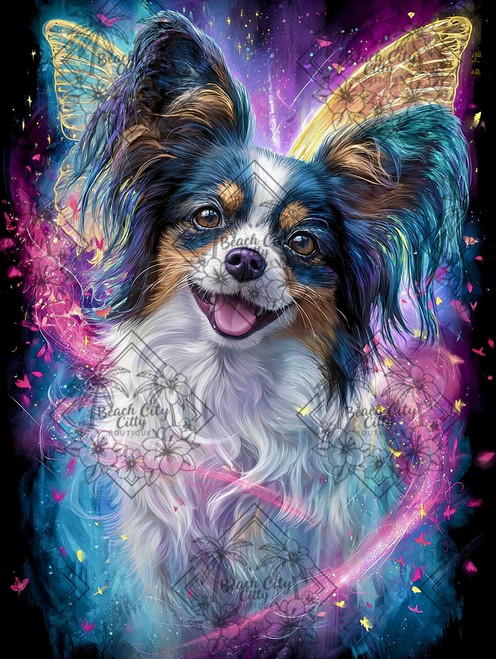 Papillon dog with glowing angel wings in a colorful fantasy background