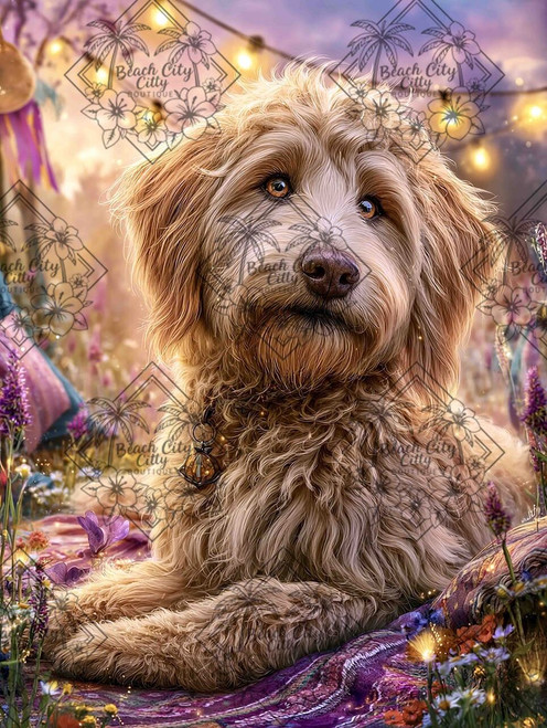 Golden doodle portrait with warm lights and colorful boho background