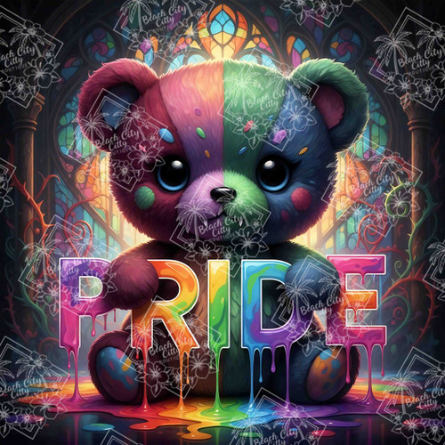 Taza Creation pride artwork of a colorful rainbow bear with big eyes holding the word PRIDE in a dripping paint style with stained-glass fantasy details.