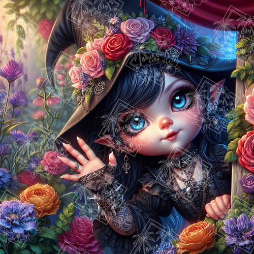 Taza Creation gothic fantasy artwork of The Rose Witch with large blue eyes, floral hat, and roses in an enchanted garden setting.