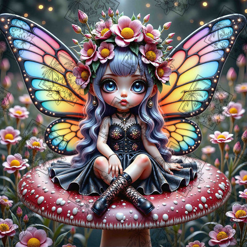 Taza Creation fantasy artwork of a delicate garden fairy with glowing butterfly wings sitting on a spotted mushroom surrounded by flowers and soft lights.