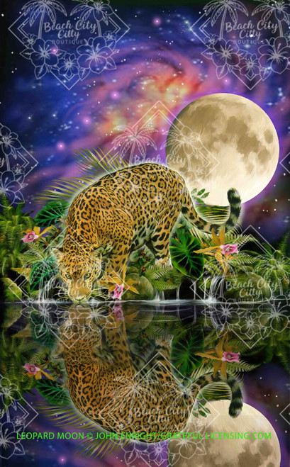 Moonlit leopard standing by reflective water with lush tropical plants, glowing full moon, and colorful galaxy sky in a fantasy wildlife scene by John Enright.