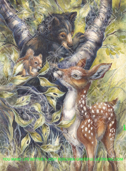 Woodland wildlife scene featuring a fawn looking up at a bear cub and fox kit in leafy branches, illustrated in a warm fantasy style by Jody Bergsma.