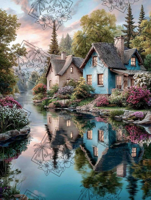 Blue cottage beside a quiet river surrounded by blooming gardens and trees reflected in still water.