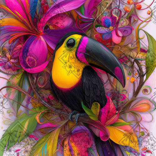 Vibrant toucan surrounded by tropical flowers and swirling rainbow colors in a bold fantasy art style