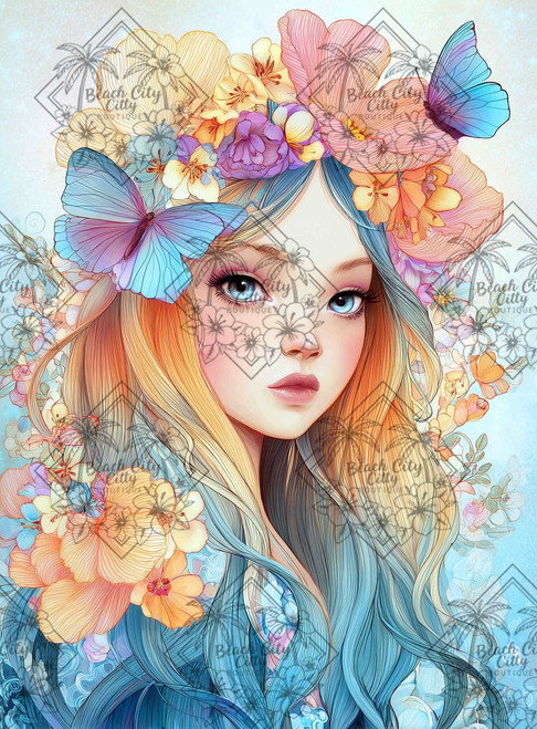 Whimsical fantasy girl with flowing pastel hair adorned with flowers and butterflies
