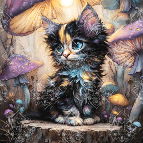 Adorable fluffy kitten with large blue eyes sitting among glowing fantasy mushrooms