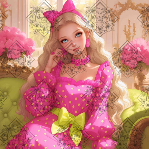 Text
Elegant blonde fashion doll-inspired girl in a pink polka dot dress with bows and luxury details