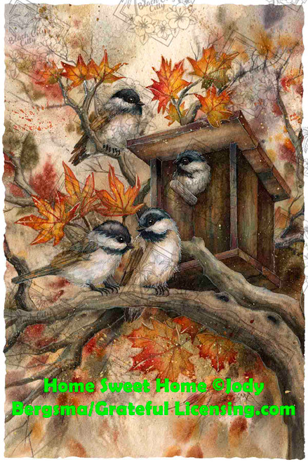 Chickadee birds gathered around a birdhouse in autumn leaves, cozy wildlife art by Jody Bergsma