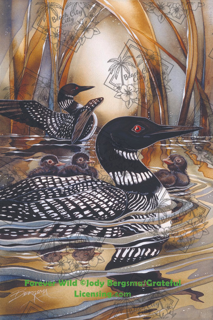 Common loons swimming with chicks in golden water, wildlife family art by Jody Bergsma