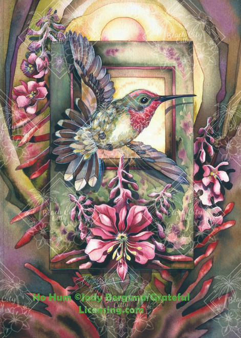 Hummingbird framed by flowers and geometric shapes, whimsical bird art by Jody Bergsma