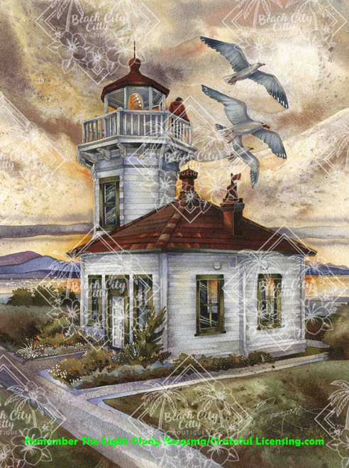 Coastal lighthouse at sunset with seabirds in flight, peaceful coastal art by Jody Bergsma
