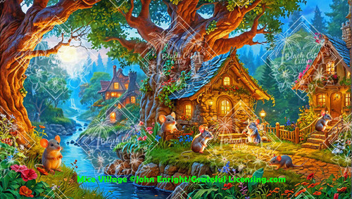 Whimsical mouse village with glowing cottages beside a forest stream, fantasy animal art by John Enright