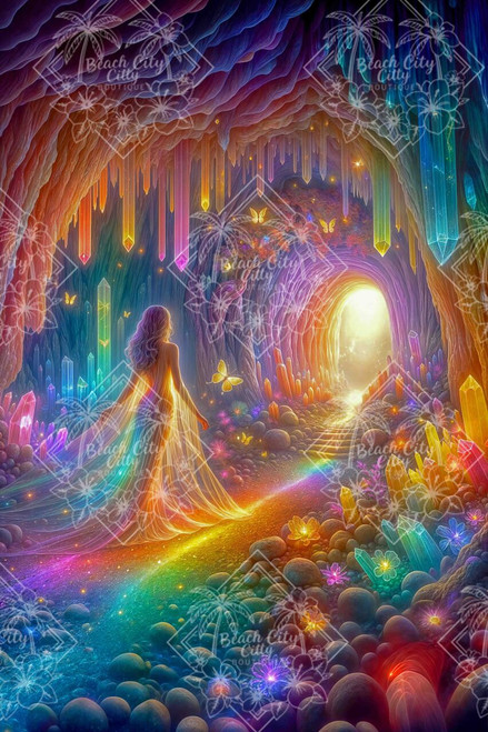 Ethereal feminine figure walking through a glowing crystal cave with rainbow light, butterflies, and a luminous path leading toward illumination.