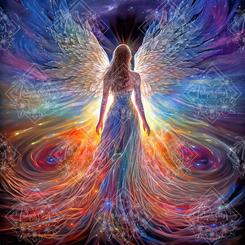 Angelic figure with expansive wings standing in cosmic light and flowing rainbow energy, symbolizing protection and divine presence.