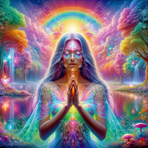 Spiritual feminine figure with glowing third eye and hands in prayer, surrounded by rainbow light, trees, and reflective water.