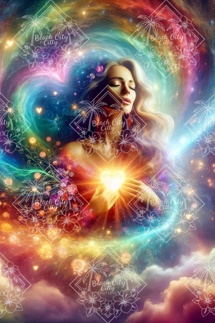 Ethereal woman holding a glowing heart surrounded by swirling rainbow light and cosmic energy, representing love and emotional healing.