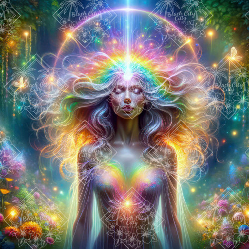 Radiant feminine light being with flowing rainbow hair receiving a beam of divine light through the crown chakra, symbolizing spiritual activation.