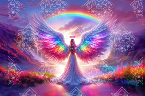 Angelic figure with expansive rainbow wings standing before glowing light and a radiant rainbow over a tranquil landscape.