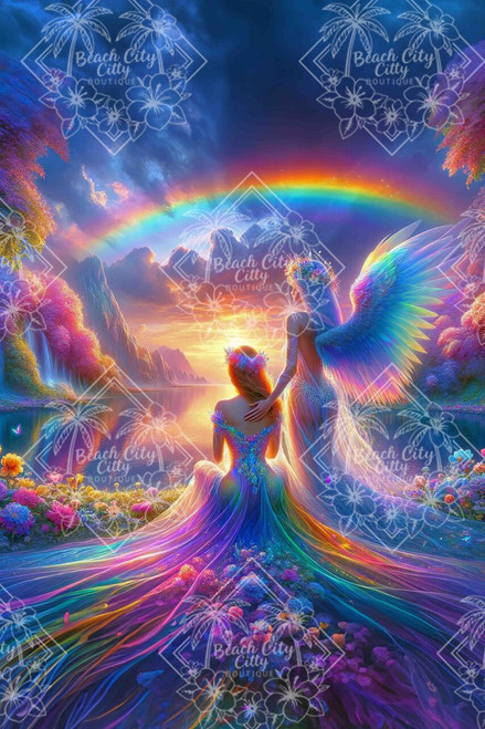 Two luminous angelic beings bathed in rainbow light gazing toward a glowing sunrise beneath a vibrant rainbow in a mystical landscape.