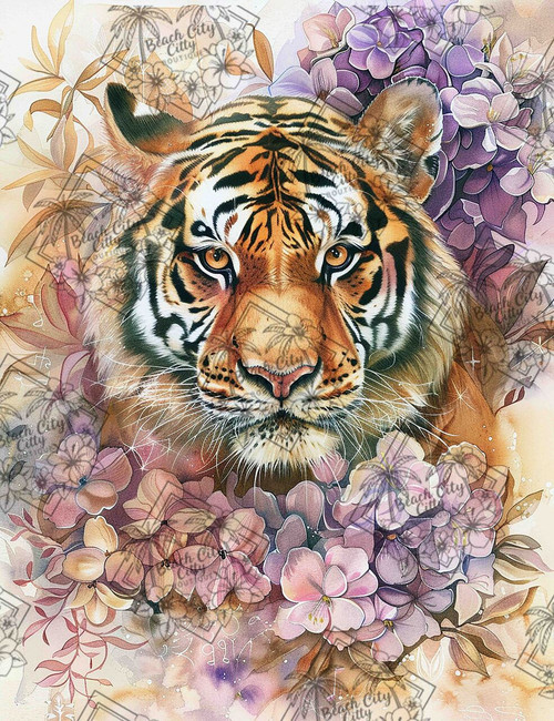 Watercolor tiger portrait surrounded by soft florals in a dreamy, painterly fantasy style by Sakura