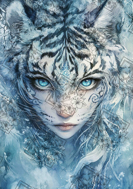 Mystical white tiger with glowing blue eyes in icy fantasy watercolor style by Sakura