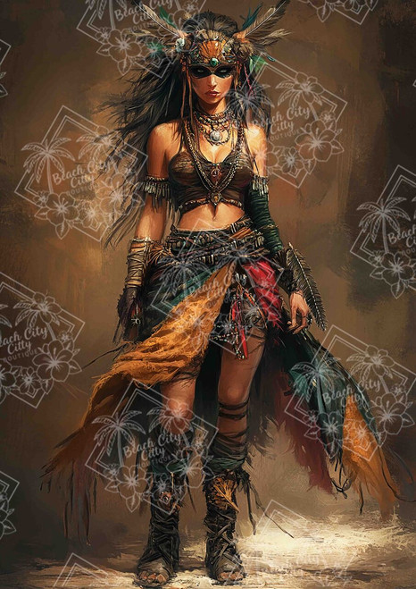 Powerful tribal warrior woman wearing feathers and layered fabrics in fantasy character art by Sakura