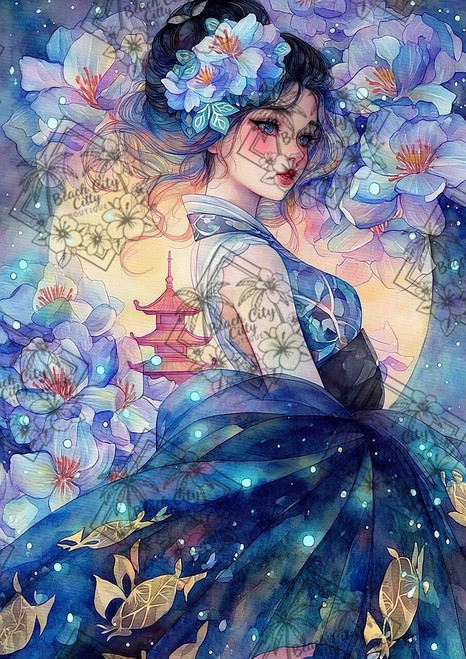 Elegant fantasy woman in flowing blue gown with blossoms and moonlit temple background by Sakura