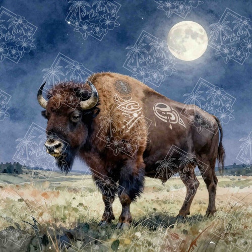 Sacred bison standing beneath a full moon with spiritual symbols painted across its hide in a mystical night landscape