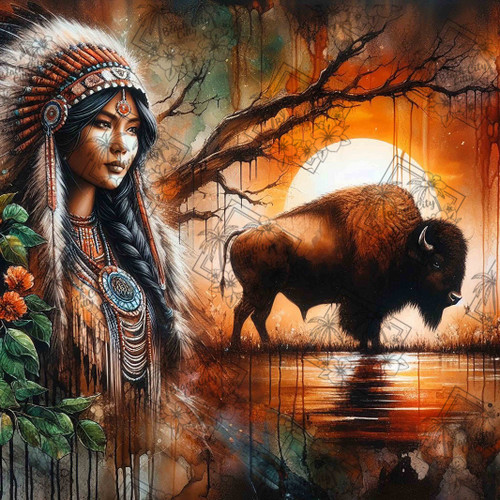 Indigenous woman in ceremonial headdress with a bison at sunset reflected in water surrounded by spiritual imagery
