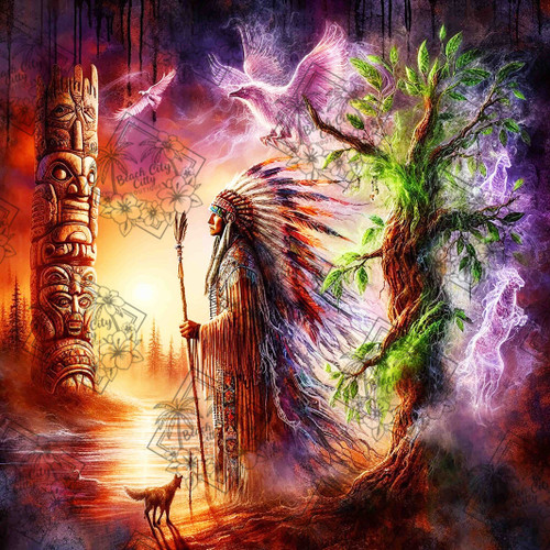 Native American chief walking beside a river with spirit birds, sacred totems, and glowing ancestral energy