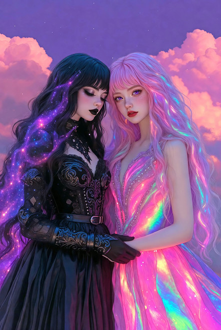 Two women in dark and rainbow gowns holding hands against a dreamy pastel sky in LGBTQ fantasy art