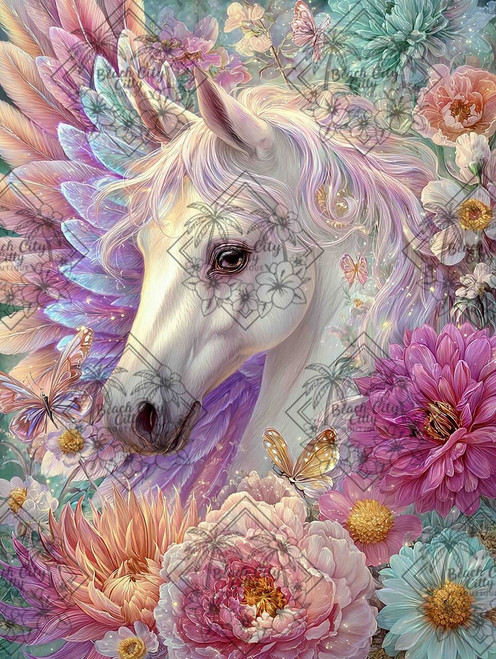 White Pegasus with iridescent feathers surrounded by oversized pastel flowers and butterflies.