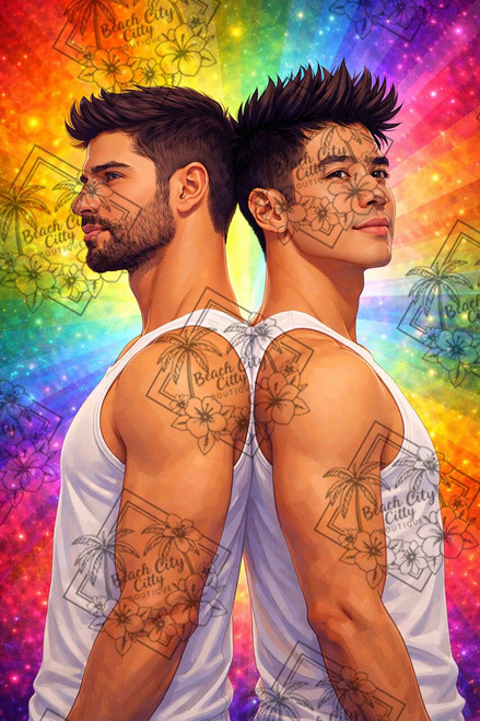 A white man and an Asian man standing back to back in white tank tops against a glowing rainbow pride background.
