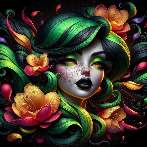 Stylized fantasy woman with flowing emerald hair, vibrant flowers, and dramatic lighting in a bold artistic portrait by Taza Creations